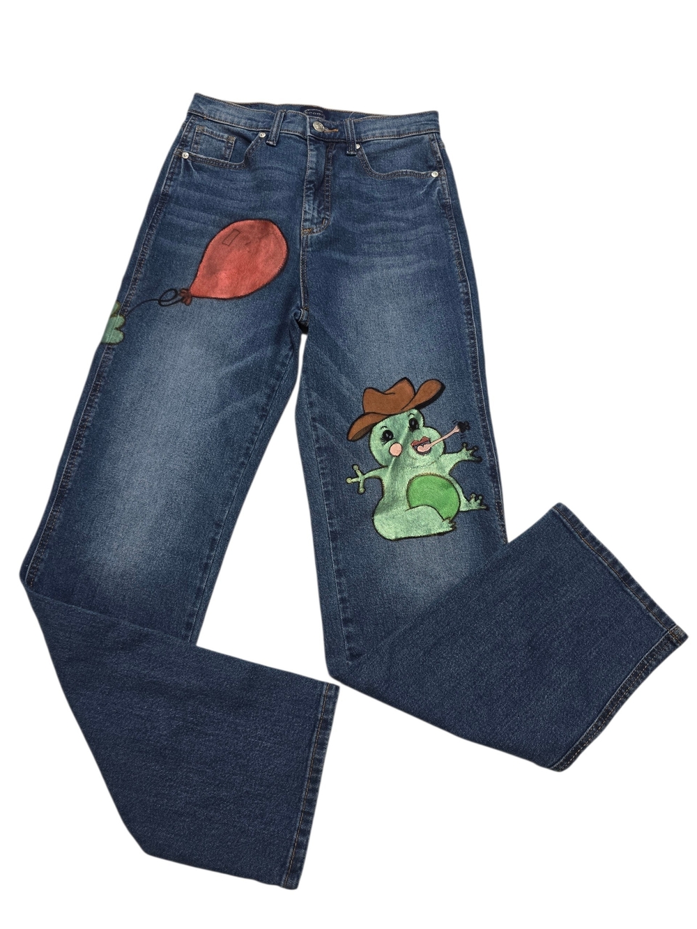 Scoop Stove Pipe Women’s Dark Blue Jeans with Green Cartoon Patch Size 2